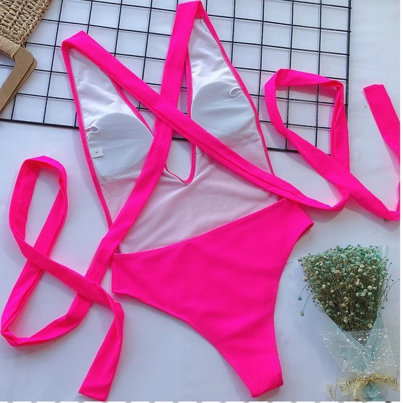 NWT Jireh Hot Pink One Piece Halter Wrap Swimsuit - Picture 3 of 7